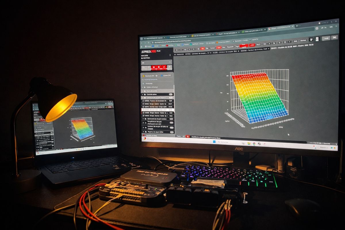 Station de reprogrammation AREPROG — logiciel cartographie moteur 3D sur double écran, outil de flashage ECU professionnel
